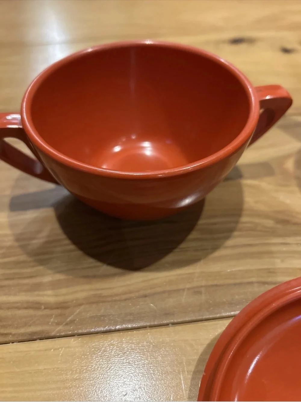 Mid Century Modern Red Melamine  Sugar Bowl and Creamer Set Made By Prolon Ware